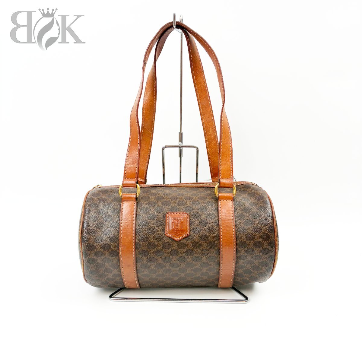 セリーヌ マカダム ヴィンテージ 筒形 ミニボストン ハンドバッグ M93 ブラウン系 レザー×PVC CELINE 中古 ＃_画像1