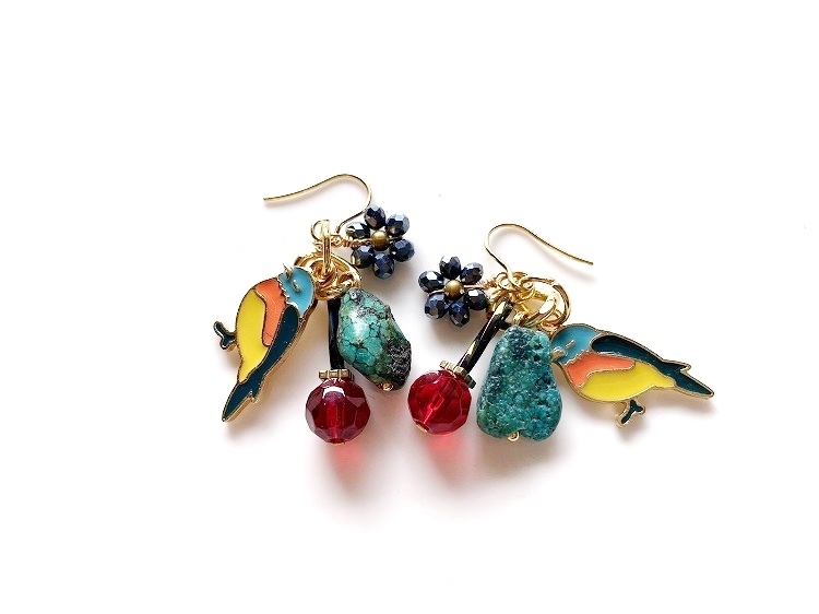 【●MARUCO●】PP25-45ターコイズ＆小鳥*天然石ピアス Surgical Stainless 送料無料 [イヤリング/樹脂ピアス交換可]_画像2