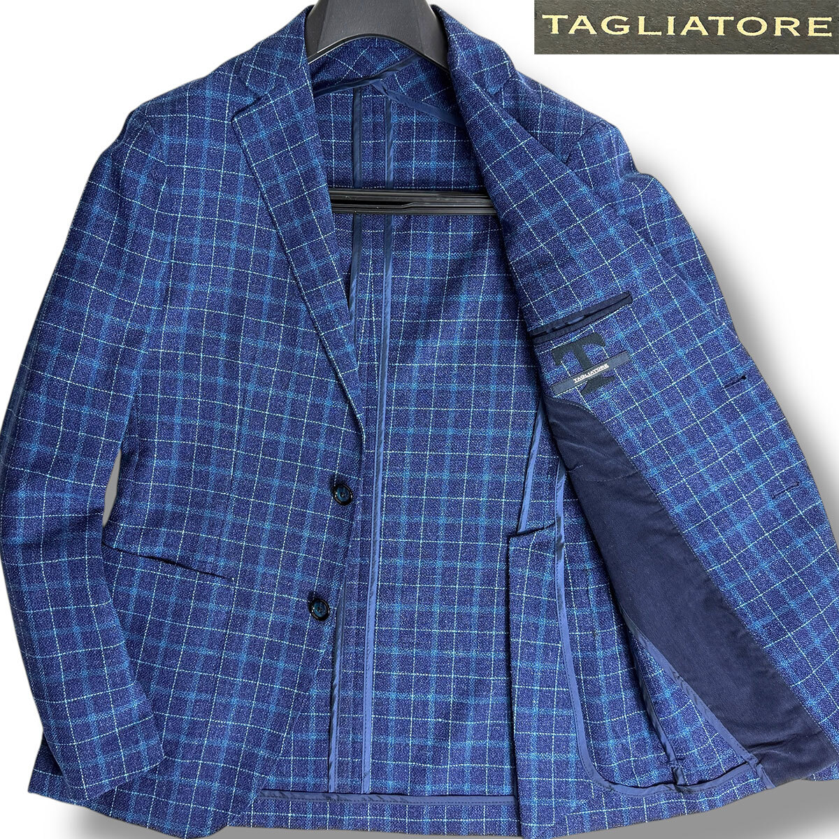 J5112 美品 タリアトーレ MONTECARLO モンテカルロ チェック柄シルクリネンアンコンジャケット ネイビー 44/R TAGLIATORE_画像1