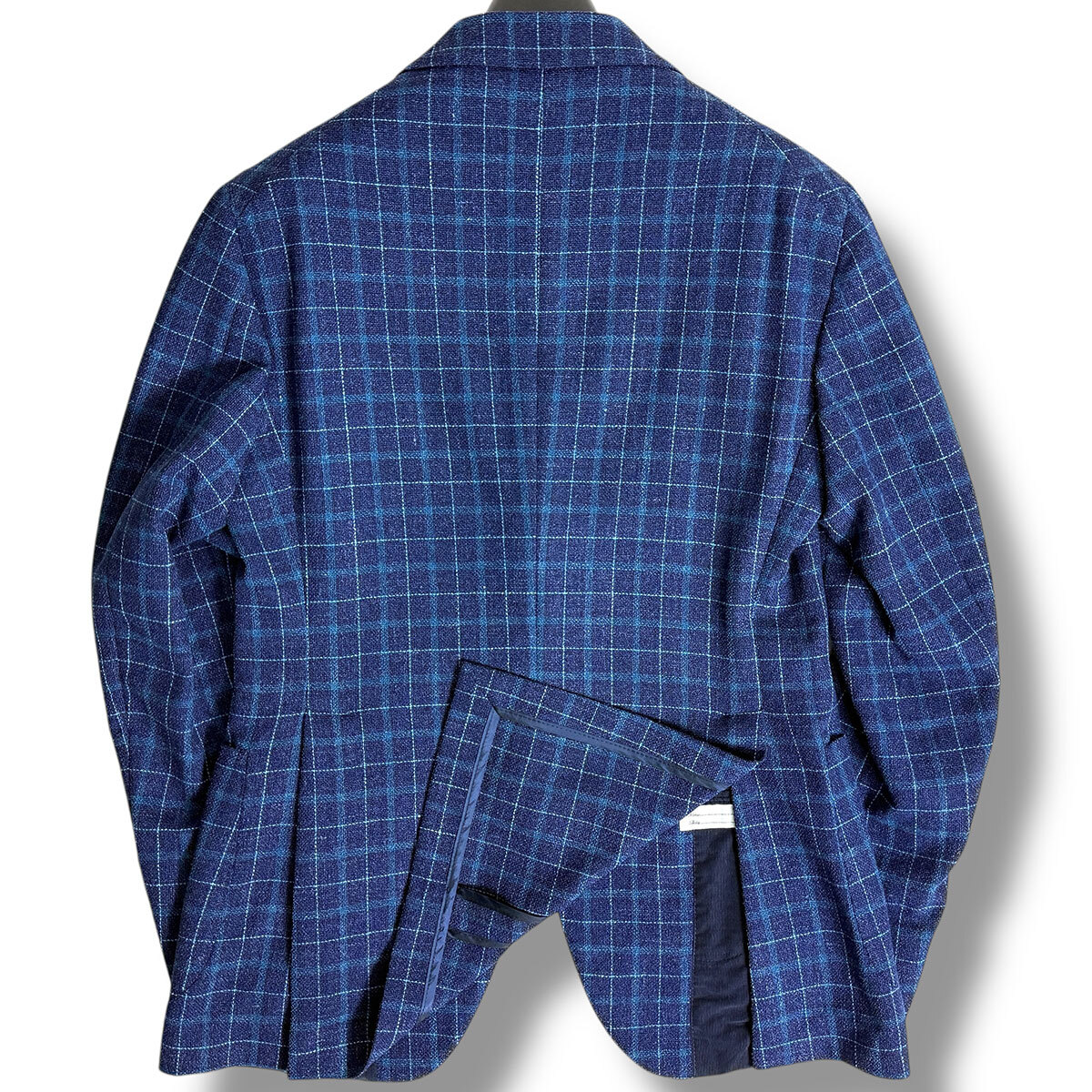 J5112 美品 タリアトーレ MONTECARLO モンテカルロ チェック柄シルクリネンアンコンジャケット ネイビー 44/R TAGLIATORE_画像3