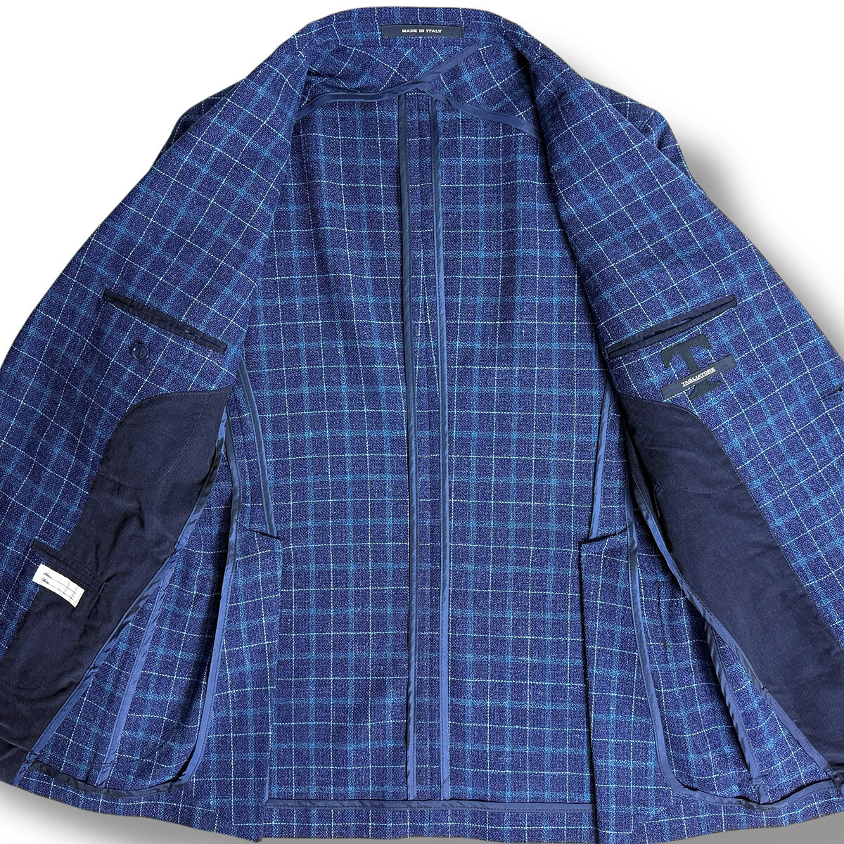 J5112 美品 タリアトーレ MONTECARLO モンテカルロ チェック柄シルクリネンアンコンジャケット ネイビー 44/R TAGLIATORE_画像4