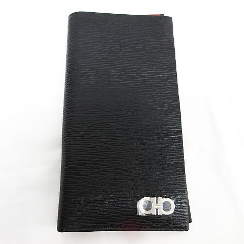  прекрасный товар Salvatore Ferragamo Salvatore Ferragamo двойной gun chi-ni кожа складывающийся пополам длинный кошелек бумажник черный 66A069 с коробкой *3177