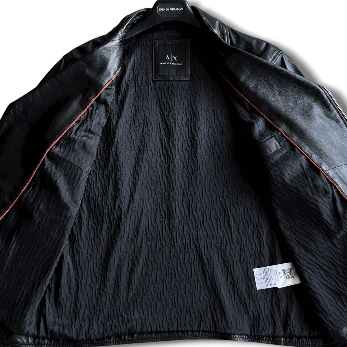  превосходный товар /L размер * высший класс Armani Exchange овечья кожа кожа ягненка двойной байкерская куртка подкладка монограмма Logo черный чёрный ARMANI