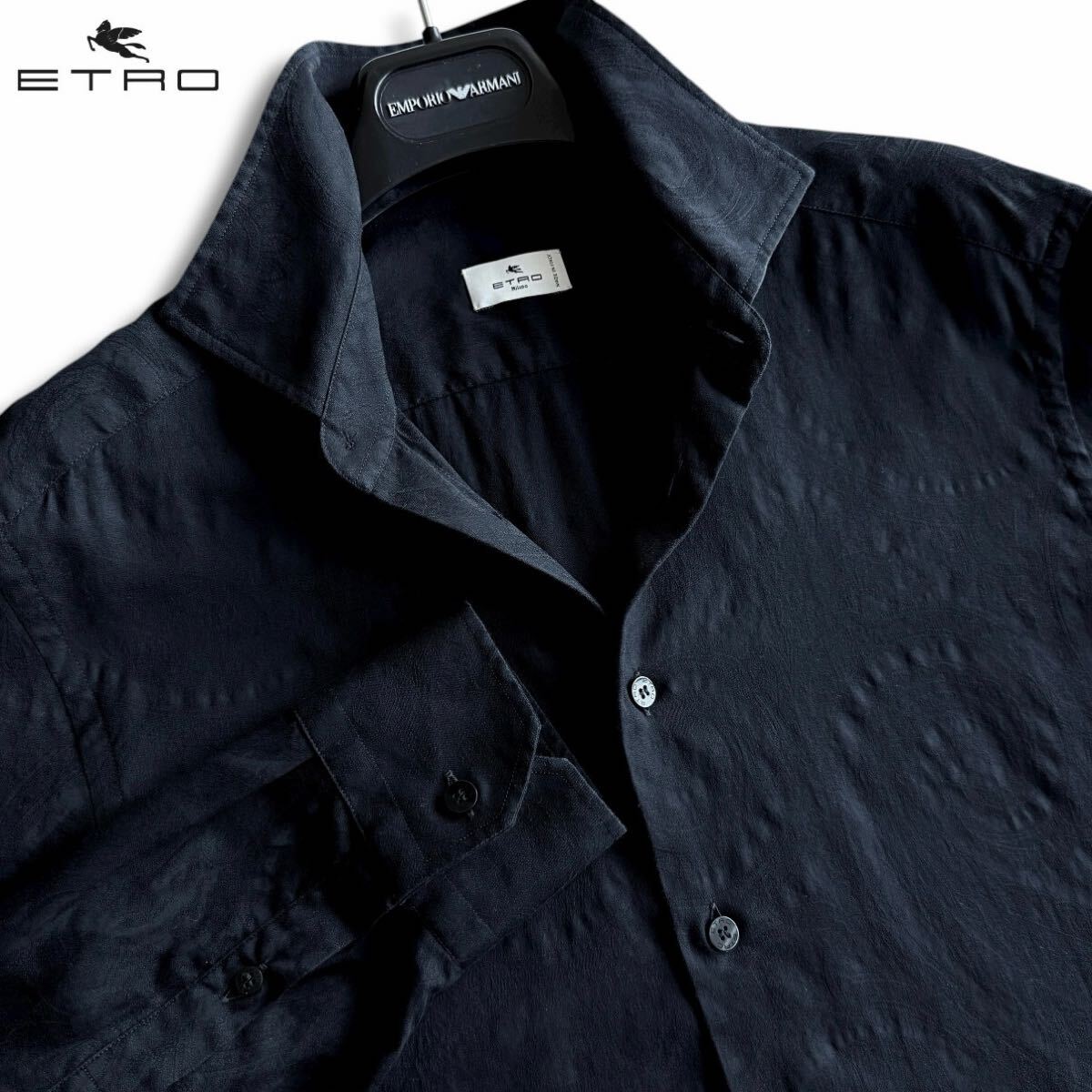 極美品/Lサイズ●最高級 ETRO エトロ 現行モデル ジャガード織 ペイズリー ドレスシャツ 長袖 総柄 イタリア製 40 ブラック 黒 国内正規品_画像1