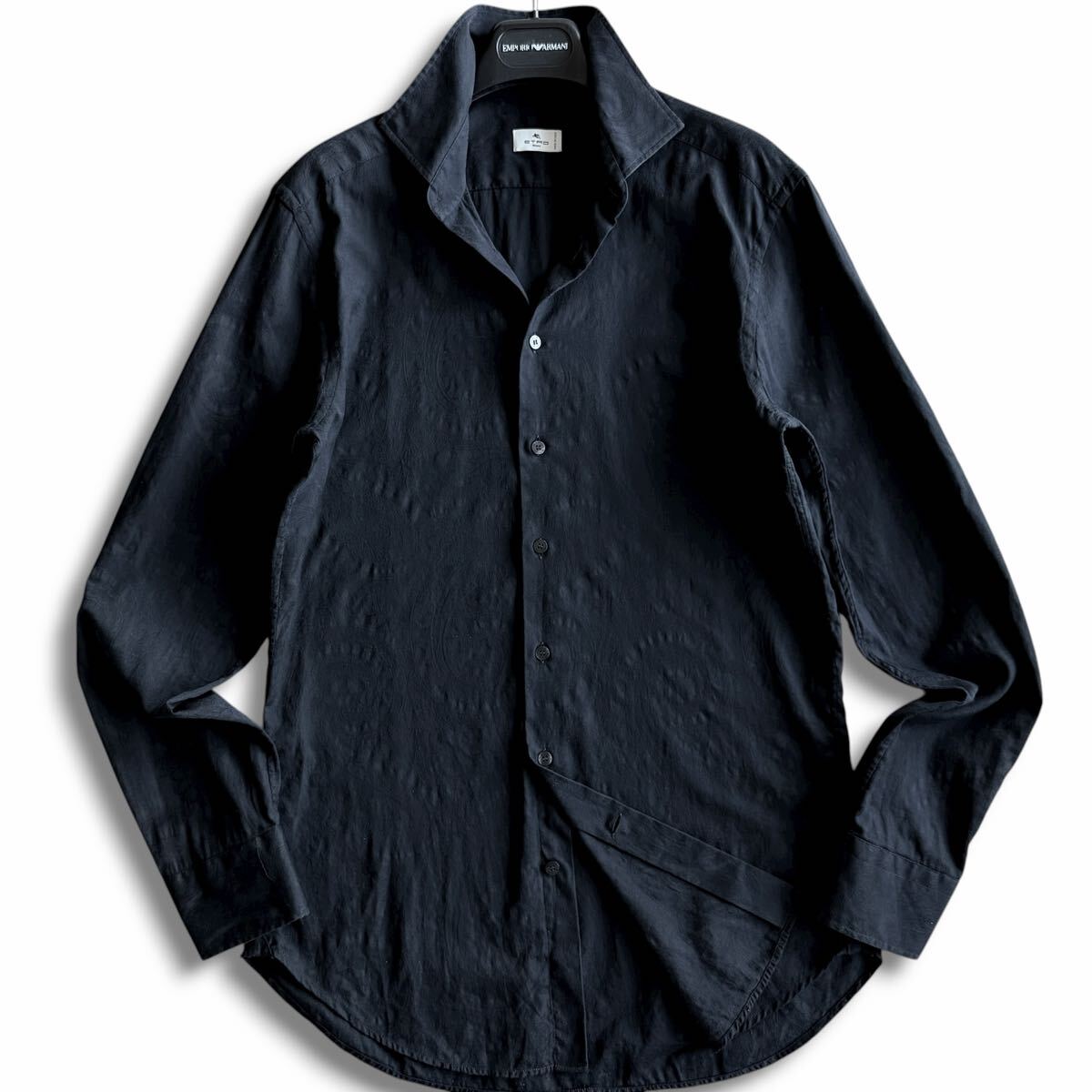 極美品/Lサイズ●最高級 ETRO エトロ 現行モデル ジャガード織 ペイズリー ドレスシャツ 長袖 総柄 イタリア製 40 ブラック 黒 国内正規品_画像2