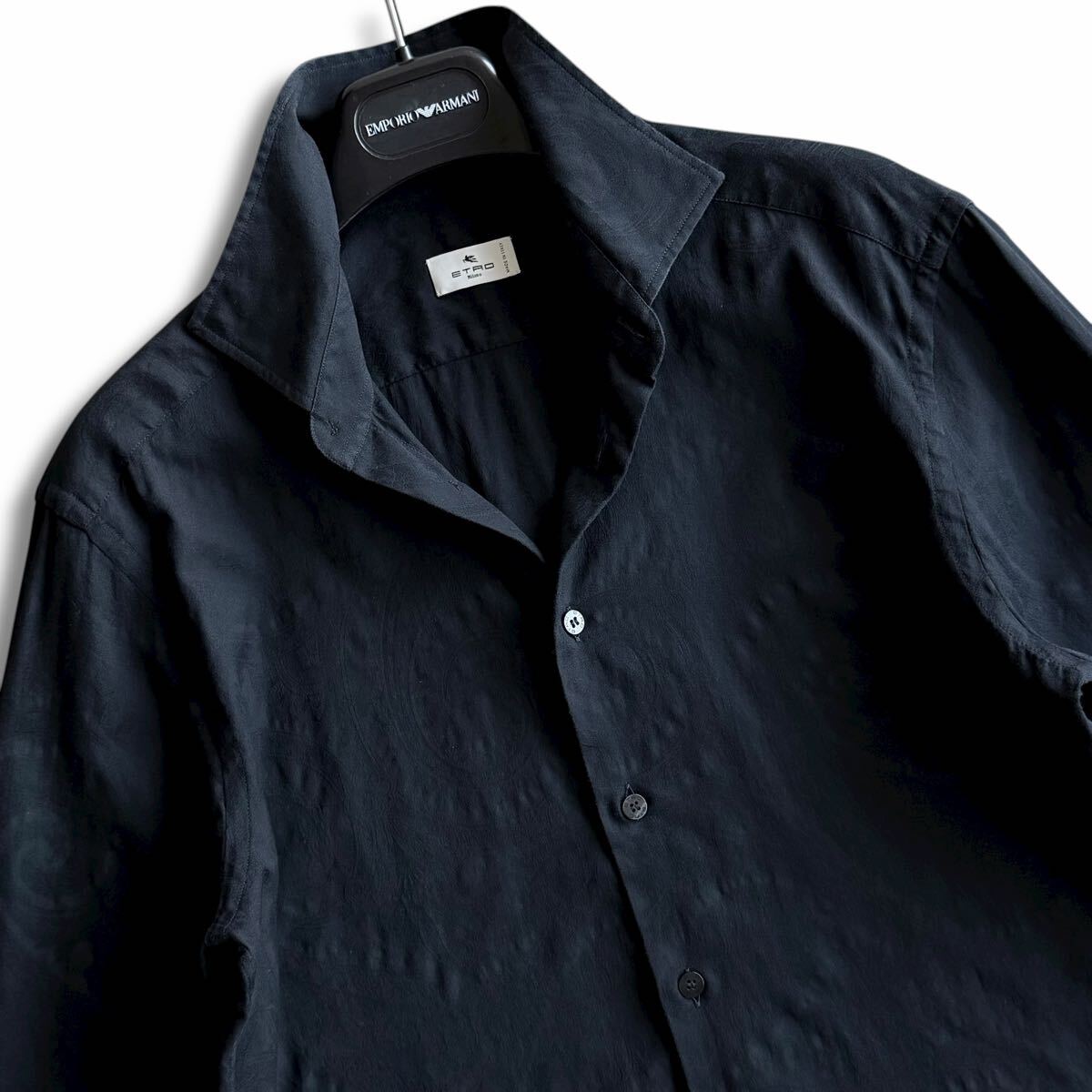 極美品/Lサイズ●最高級 ETRO エトロ 現行モデル ジャガード織 ペイズリー ドレスシャツ 長袖 総柄 イタリア製 40 ブラック 黒 国内正規品_画像3