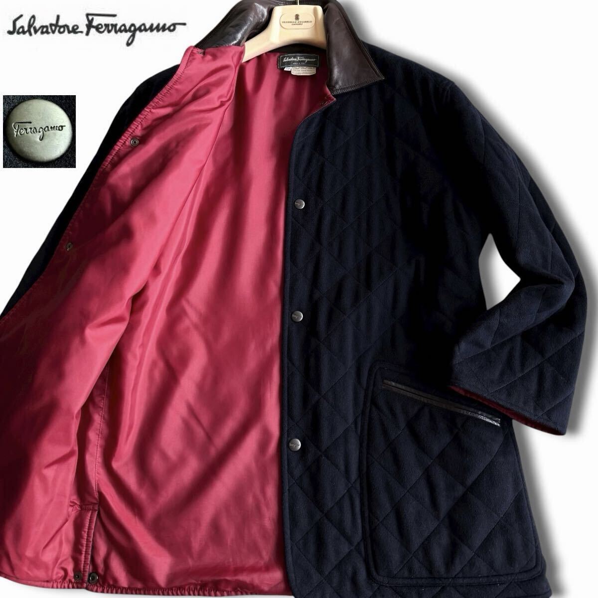  превосходный товар /L соответствует * высший класс Salvatore Ferragamo кашемир кожа переключатель стеганная куртка пальто с хлопком темно-синий Salvatore Ferragamo