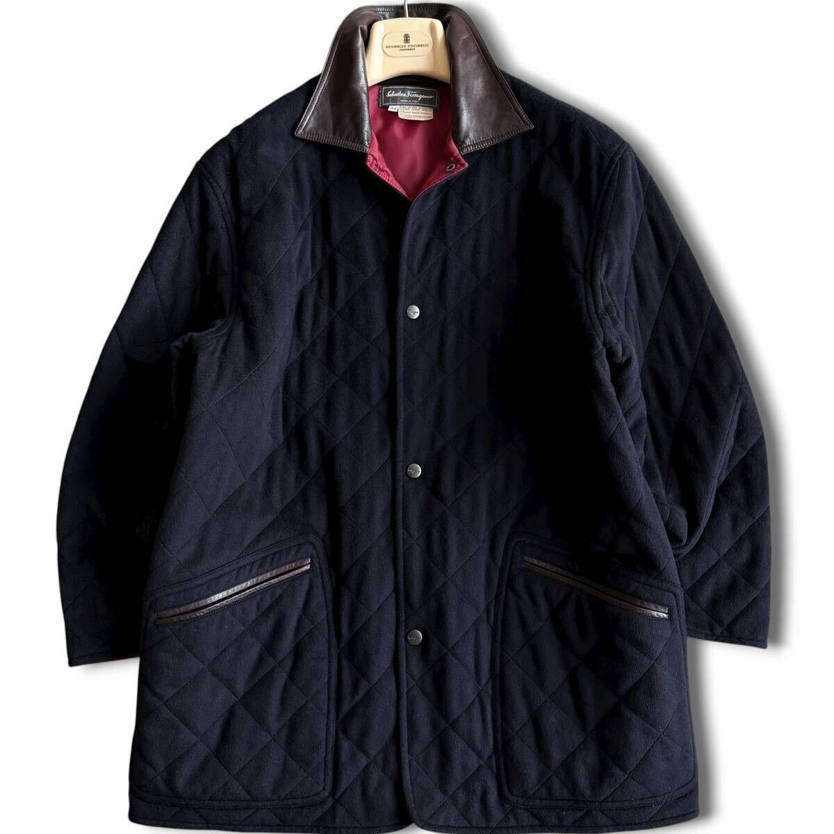  превосходный товар /L соответствует * высший класс Salvatore Ferragamo кашемир кожа переключатель стеганная куртка пальто с хлопком темно-синий Salvatore Ferragamo