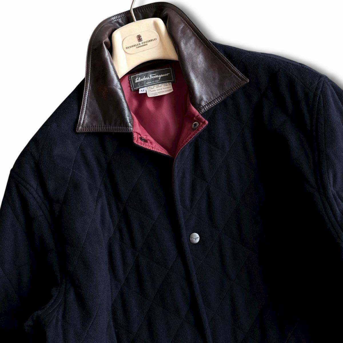  превосходный товар /L соответствует * высший класс Salvatore Ferragamo кашемир кожа переключатель стеганная куртка пальто с хлопком темно-синий Salvatore Ferragamo