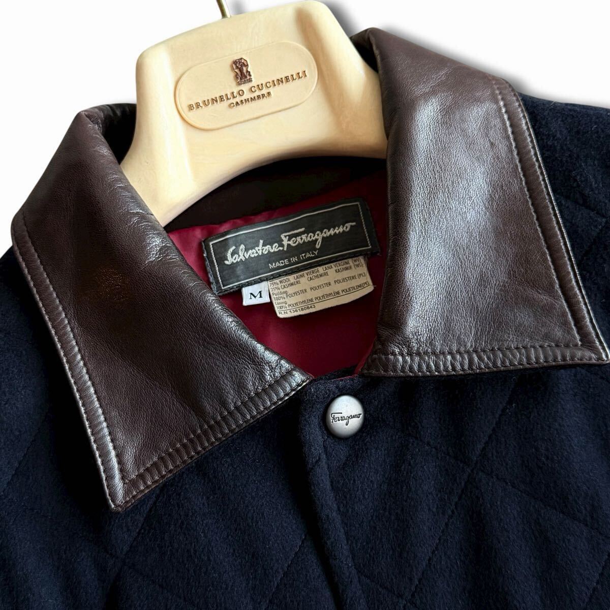  превосходный товар /L соответствует * высший класс Salvatore Ferragamo кашемир кожа переключатель стеганная куртка пальто с хлопком темно-синий Salvatore Ferragamo