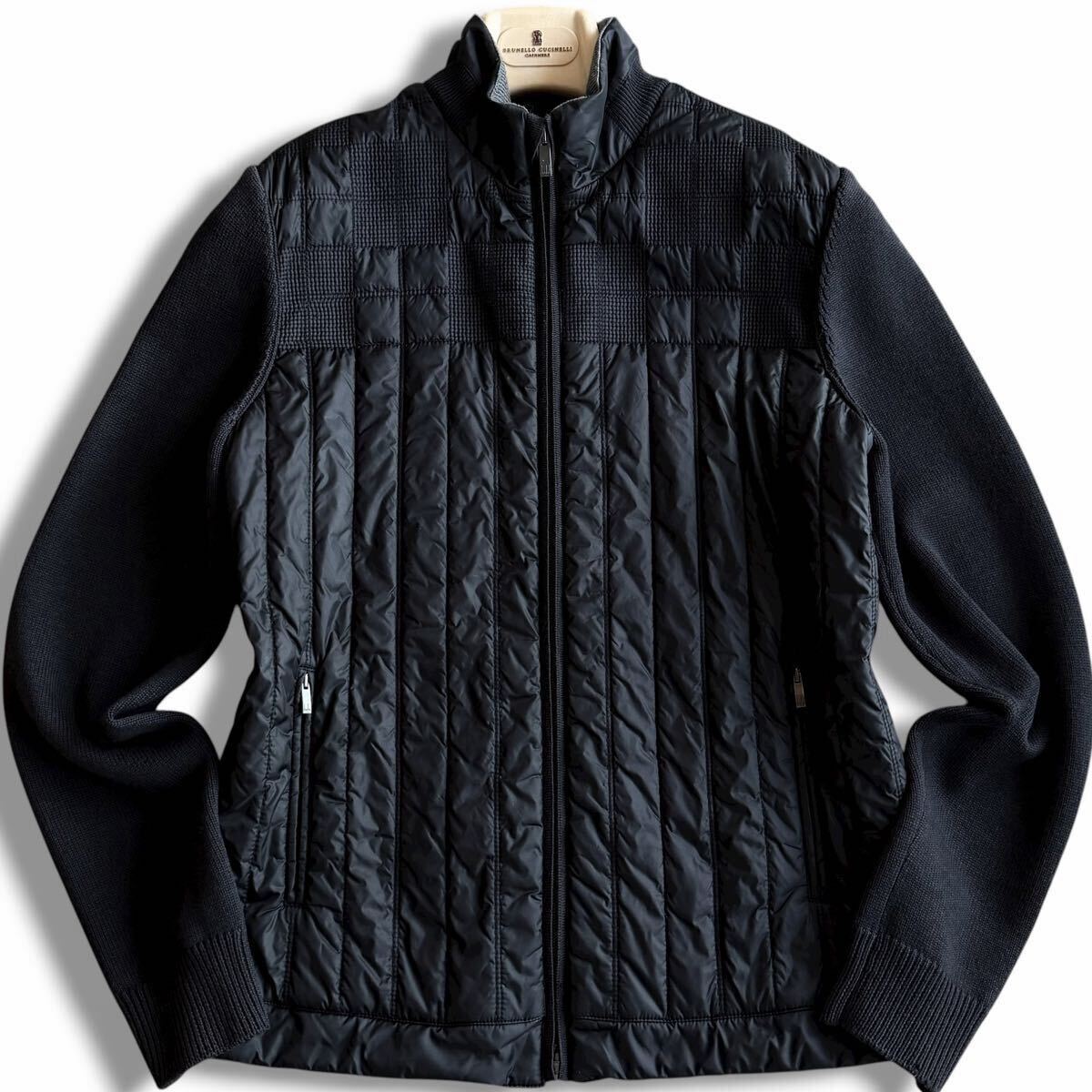 極美品●dunhill ダンヒル 近年モデル ハイブリッドジャケット 中綿 ブルゾン ニット切替 キルティング 内側チェック ロゴパッチ M相当 黒_画像2