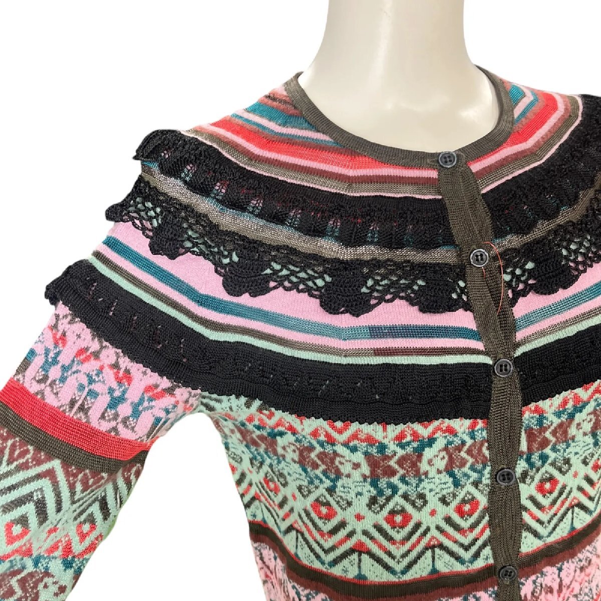 美品 クリスチャンラクロワ CHRISTIAN LACROIX 鍵網レースが素敵 ニット S 7号 カーディガン S5M485_画像6