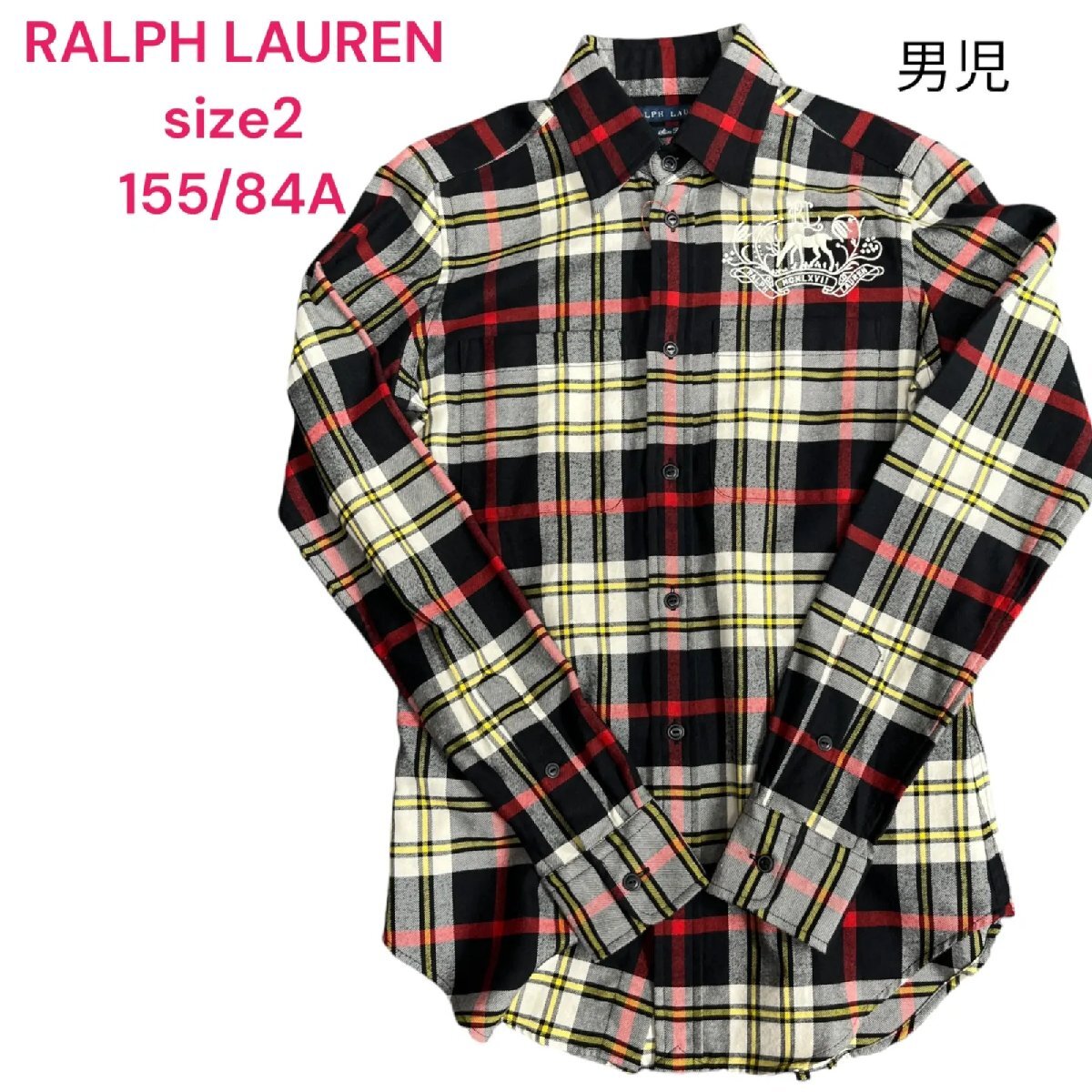 美品 ラルフローレン RALPH LAUREN ネルシャツ チェック柄 胸元刺繍 黒赤他 2 155/84A キッズ ボーイズ M4J008_画像1