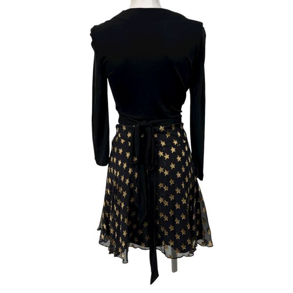 ダイアンフォンファステンバーグ DIANE von FURSTENBERG ラップワンピース 長袖 膝丈 黒 ゴールド色 シルク 4 M 9号 レディース S5V633_画像4