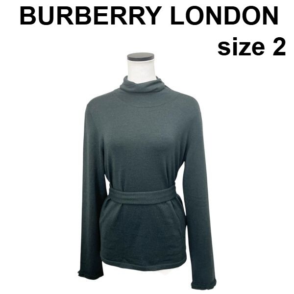 バーバリーロンドン BURBERRY LONDON ニット ハイネック ベルト カーキ グリーン 羊毛 綿 カシミア 2 S～M レディース S5V440_画像1