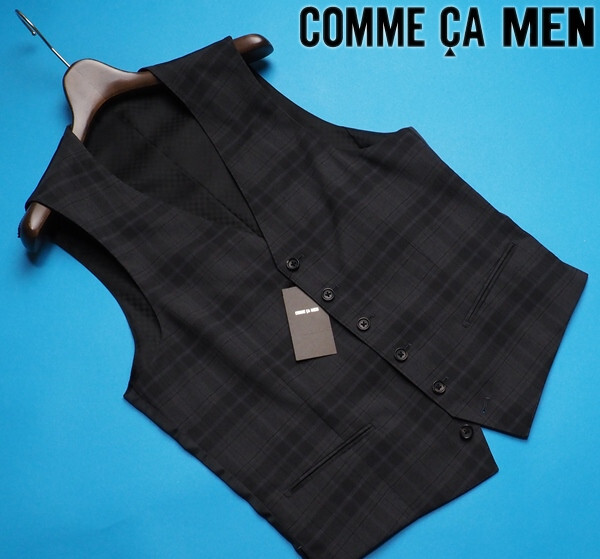 新品定価2.5万円 COMME CA MEN コムサメン 春夏『チェルッティ イタリア製生地』チェック ジレ/ベストSS灰(04) 03VP02_画像1