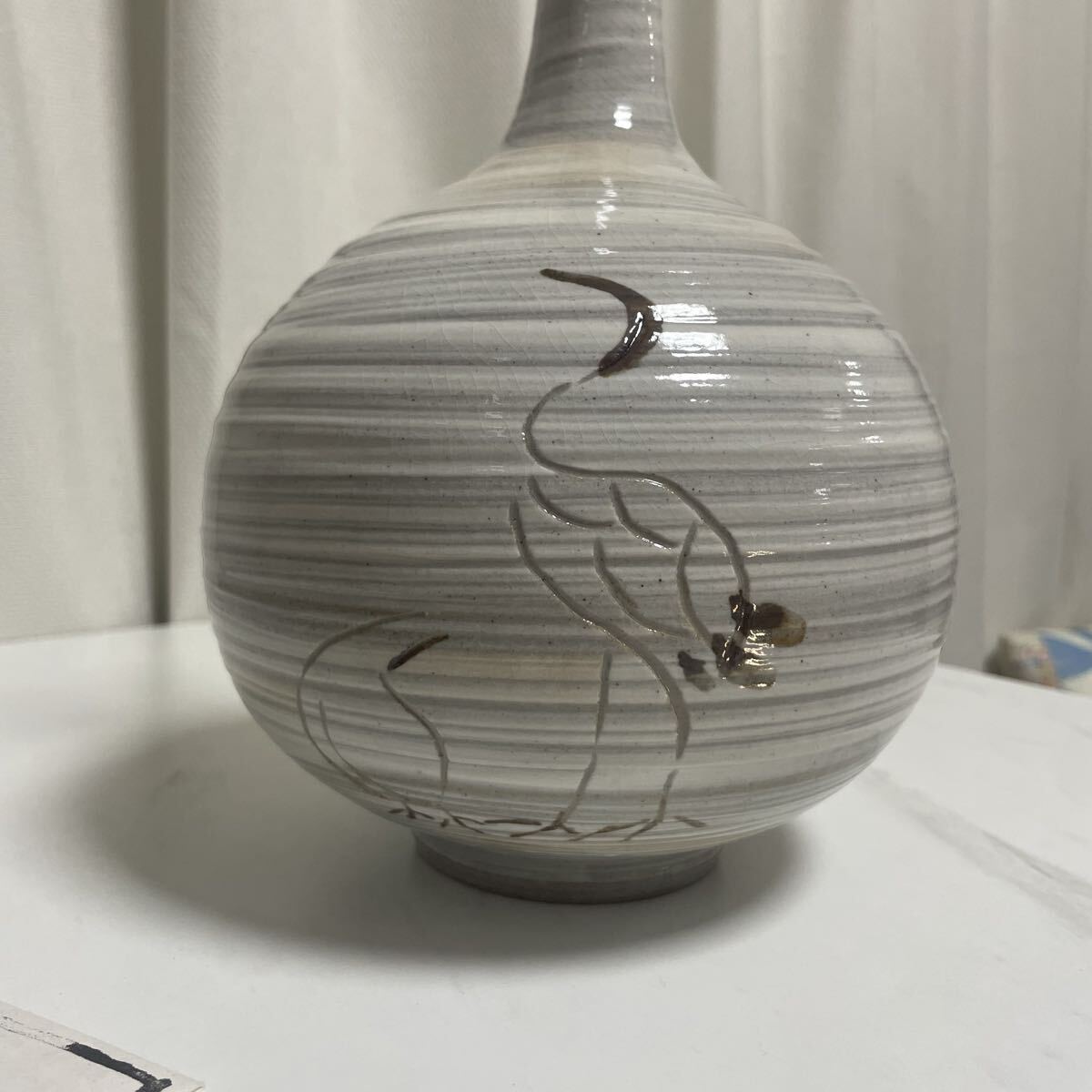 対馬焼 花瓶 時代物 陶器 花入れ インテリア アンティーク 骨董 鶴_画像3