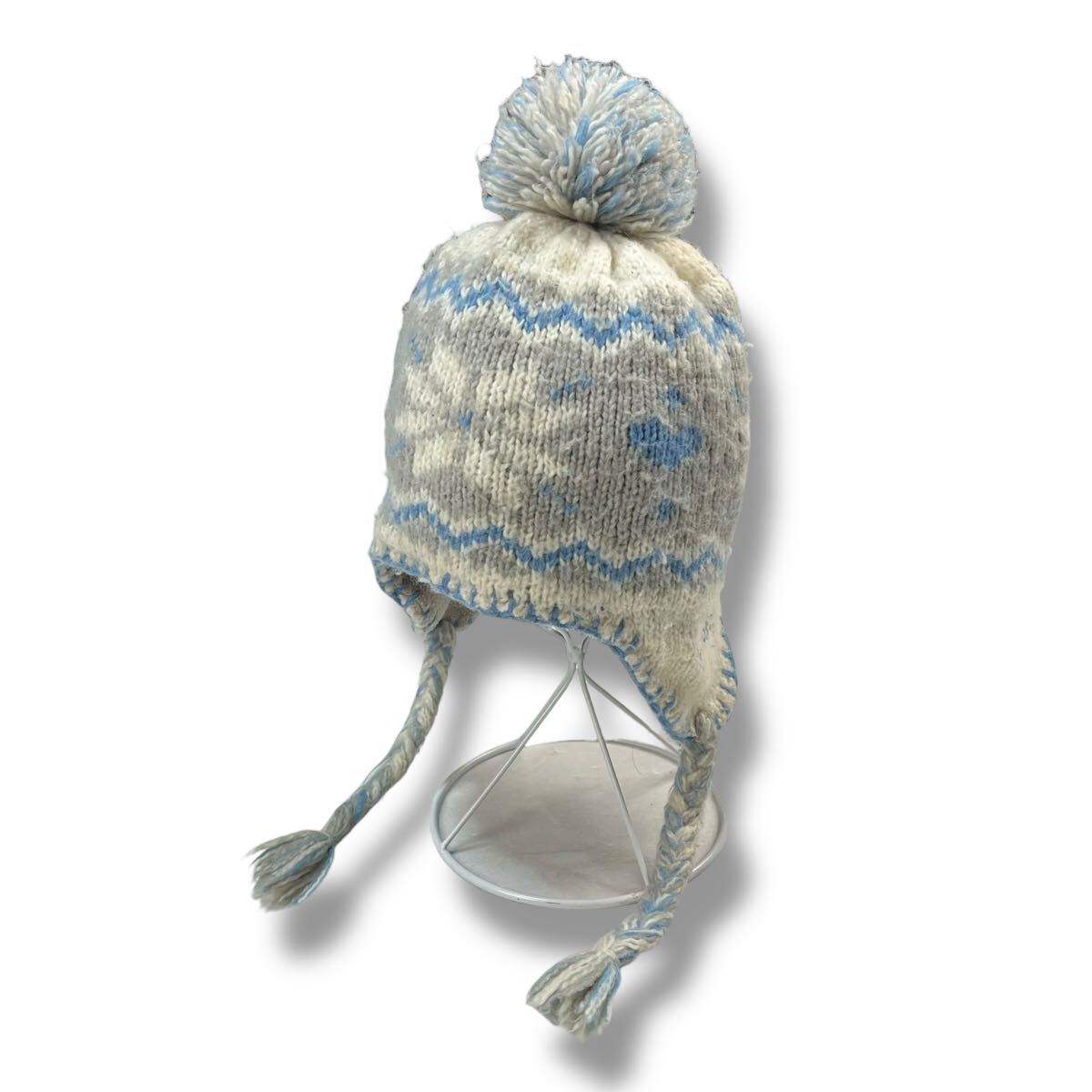 (TK1130) PHENIX フェニックス イヤーフラップ ポンポンビーニー ボンボン付き ニット帽子 グレー ライトブルー アウトドア 防寒 キッズ F_画像1