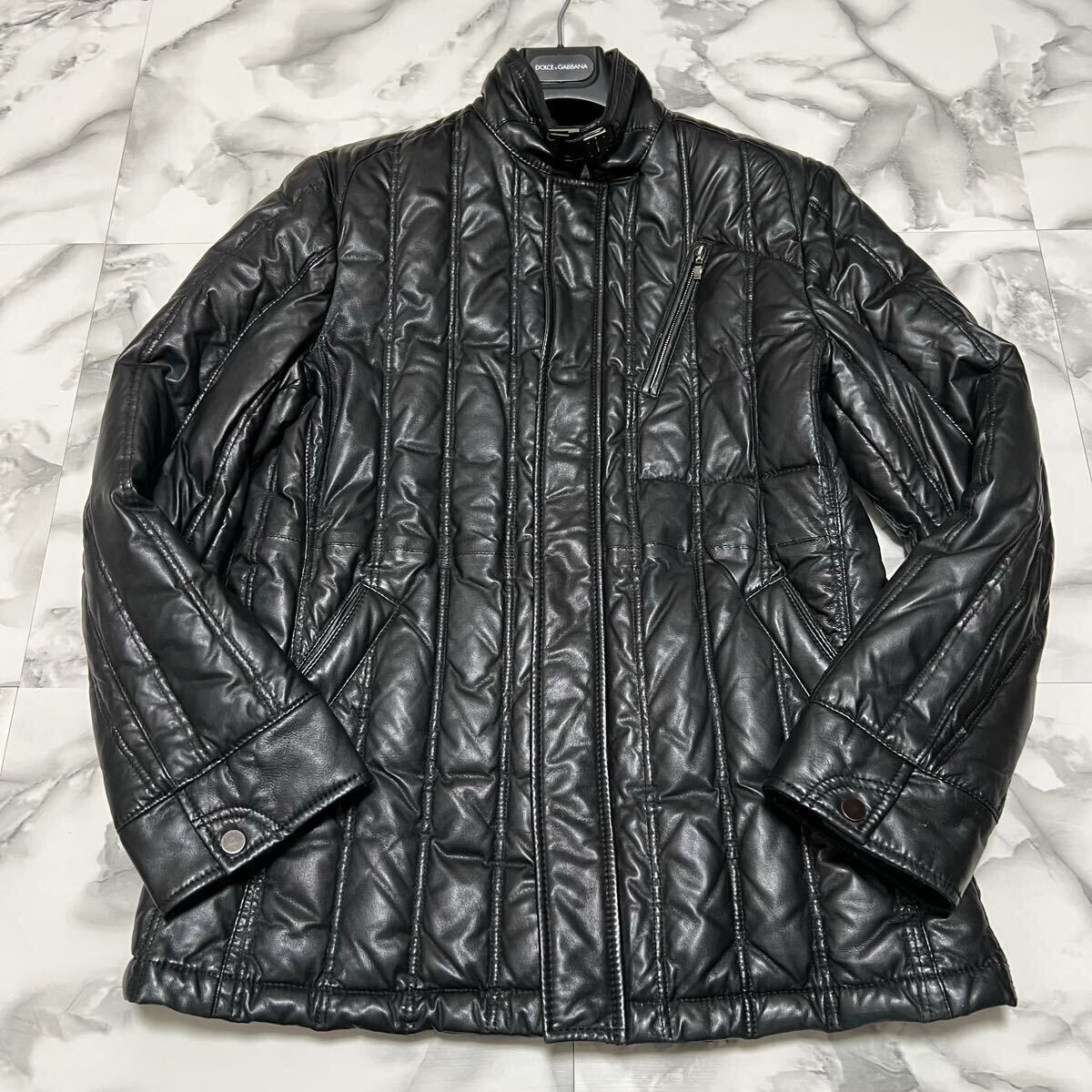 美品●希少L! インターメッツォ ラムレザー ダウンジャケット INTERMEZZO キルティング ライダース シープスキン 羊革 千鳥 極暖 ブラック_画像2