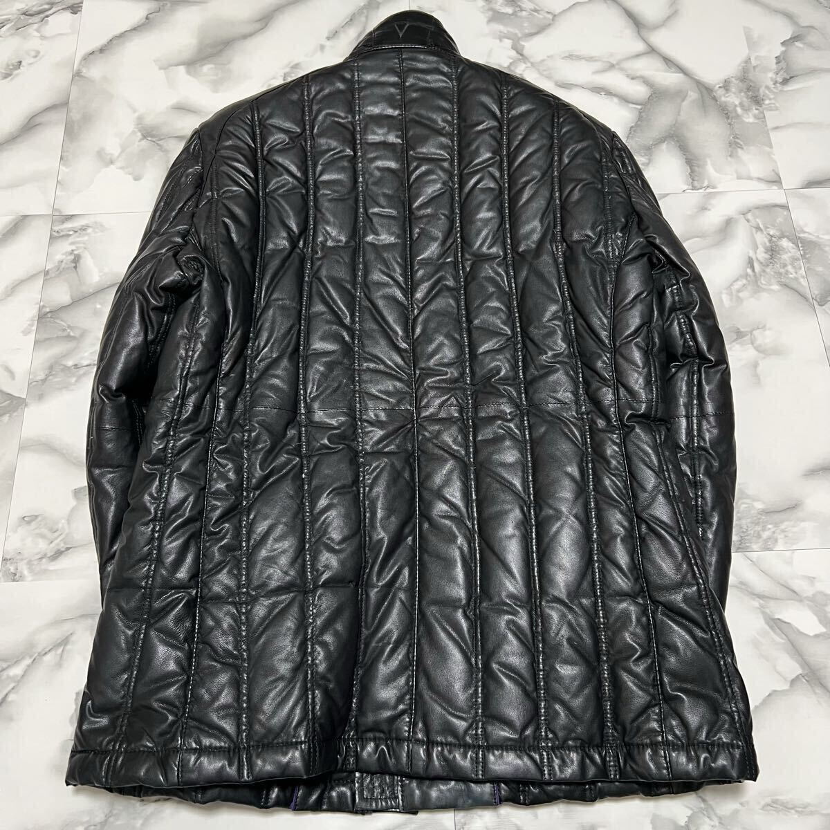 美品●希少L! インターメッツォ ラムレザー ダウンジャケット INTERMEZZO キルティング ライダース シープスキン 羊革 千鳥 極暖 ブラック_画像3