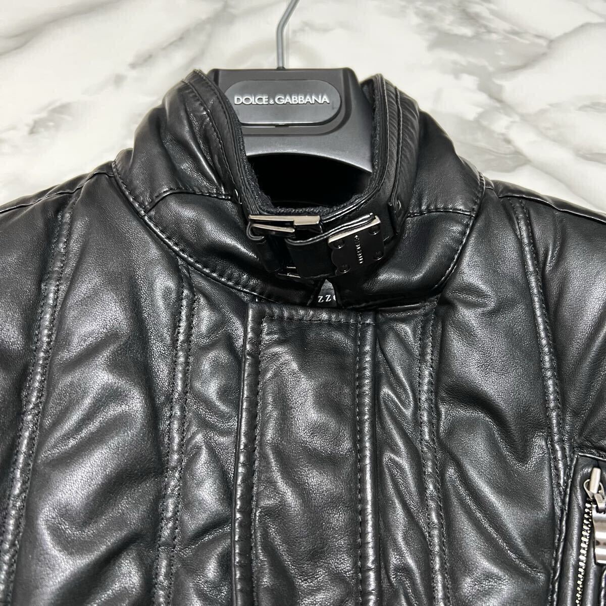 美品●希少L! インターメッツォ ラムレザー ダウンジャケット INTERMEZZO キルティング ライダース シープスキン 羊革 千鳥 極暖 ブラック_画像5