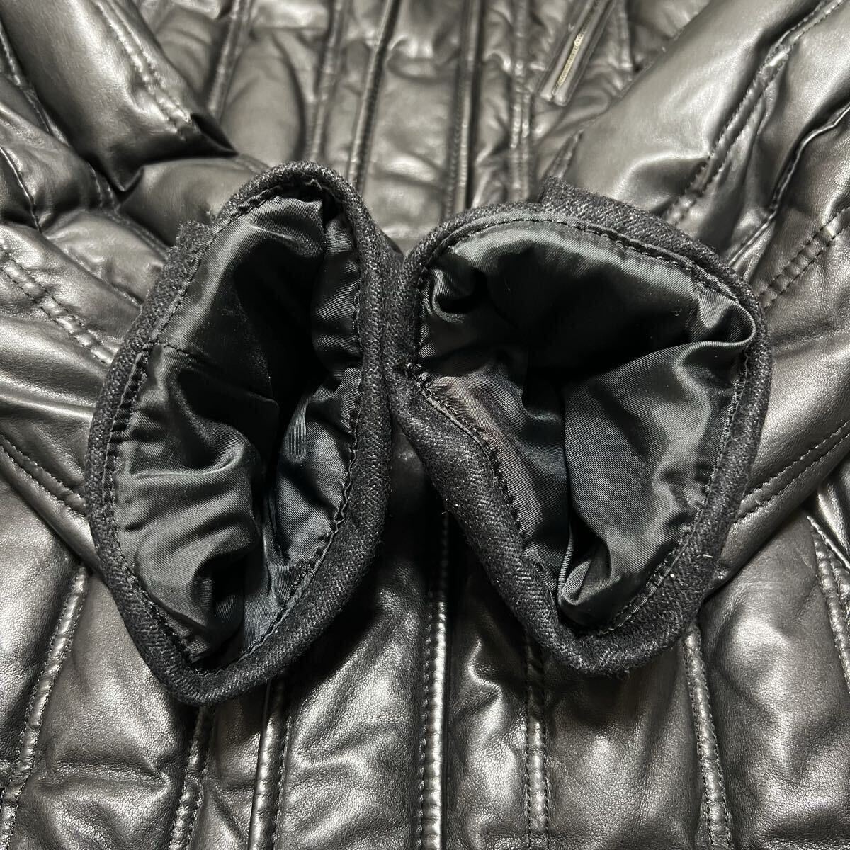 美品●希少L! インターメッツォ ラムレザー ダウンジャケット INTERMEZZO キルティング ライダース シープスキン 羊革 千鳥 極暖 ブラック_画像7