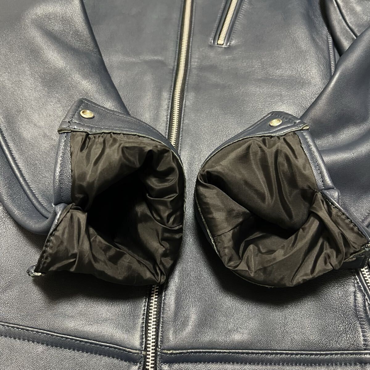 美品●希少L! ラトルトラップ Rattle Trap メンズビギ シングルライダース ラムレザージャケット 羊革 シープスキン Wジップ 紺 ネイビー_画像7
