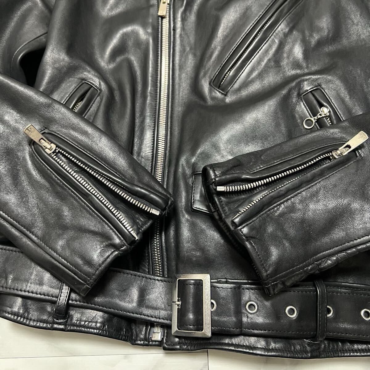 極美品●希少XL! ジャックローズ 最高級 ホースハイド ダブルライダースジャケット JACKROSE ベルト 馬革 レザー 入手困難 LL ブラック_画像5