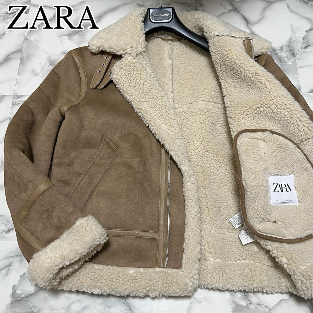 極美品●希少XL! ZARA ザラ ムートンジャケット B-3 ボンバー フライト ライダース ボア アウター 肉厚 極暖 高級感 メンズ LL ベージュ _画像1