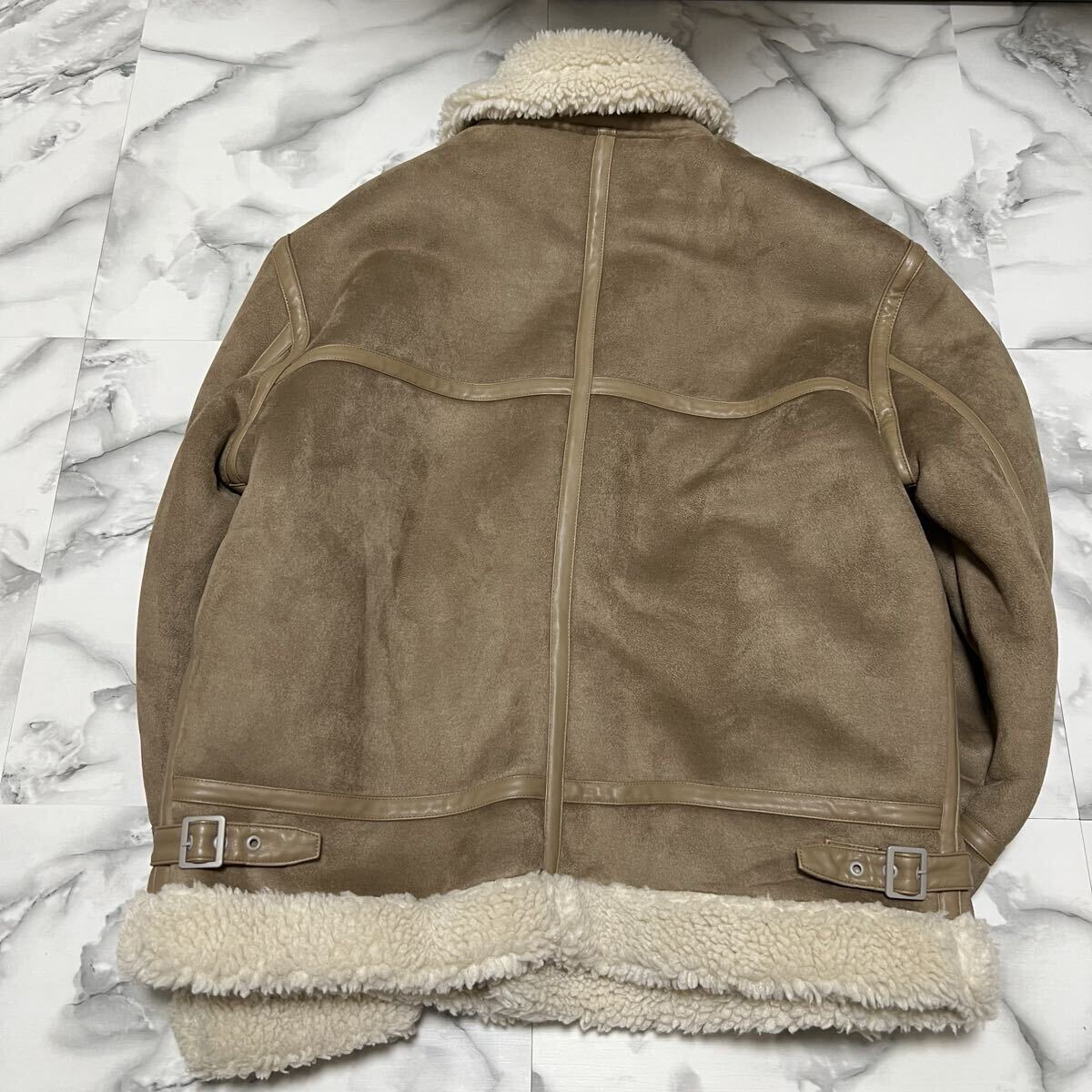 極美品●希少XL! ZARA ザラ ムートンジャケット B-3 ボンバー フライト ライダース ボア アウター 肉厚 極暖 高級感 メンズ LL ベージュ _画像4