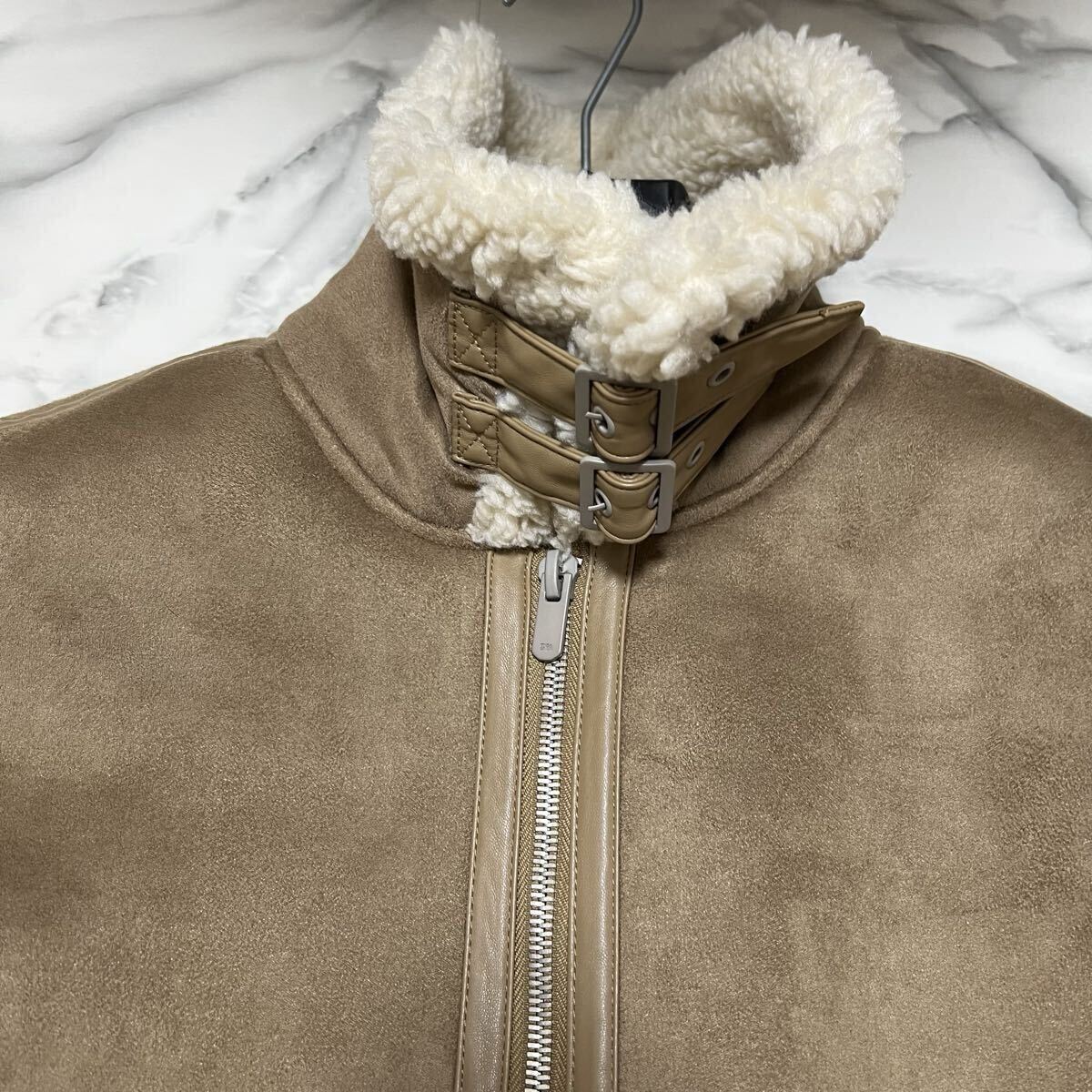 極美品●希少XL! ZARA ザラ ムートンジャケット B-3 ボンバー フライト ライダース ボア アウター 肉厚 極暖 高級感 メンズ LL ベージュ _画像6