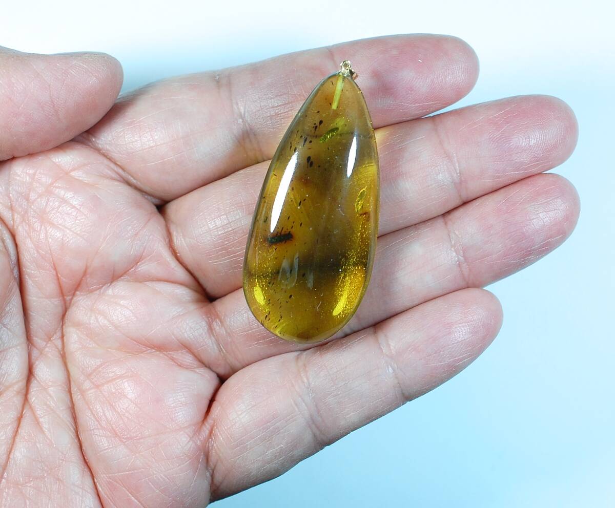 ￥100～K18大粒希少虫入り色艶照り良い!天然本琥珀42.49ct51.8×24.2㍉全長58.0㍉8.6㌘PT_画像7