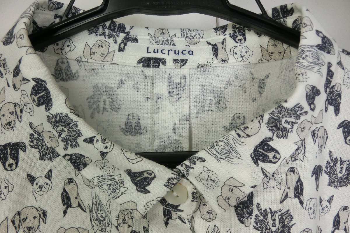 ♪未使用品★LUCRUCA/ルクルカ(38)★白地犬柄総柄プリントコットン100％長袖シャツ_画像3