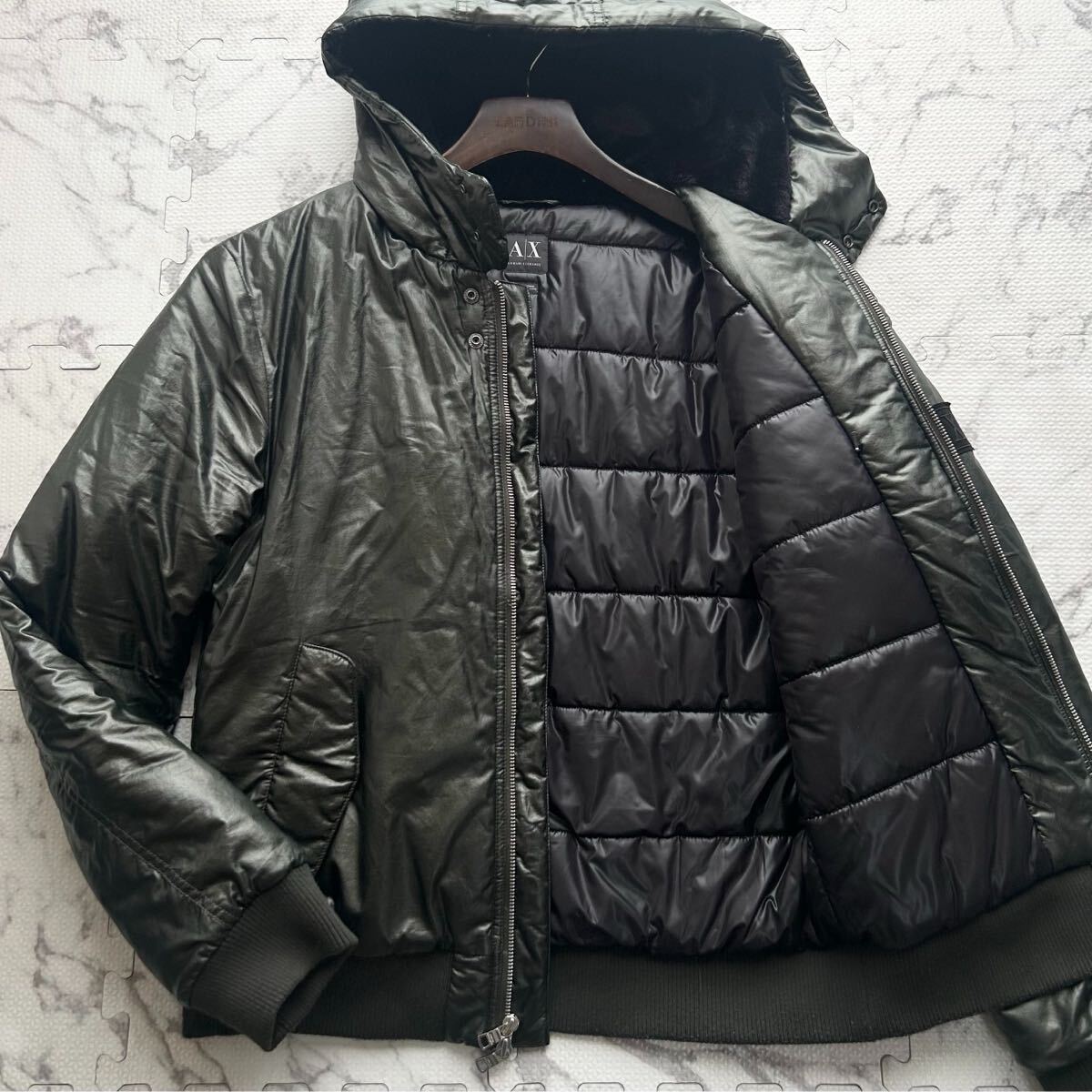 美品/L相当●ARMANI EXCHANGE アルマーニ エクスチェンジ 中綿ジャケット ナイロン ジップ アウター ロゴ 玉蟲色 カーキ メンズ_画像1