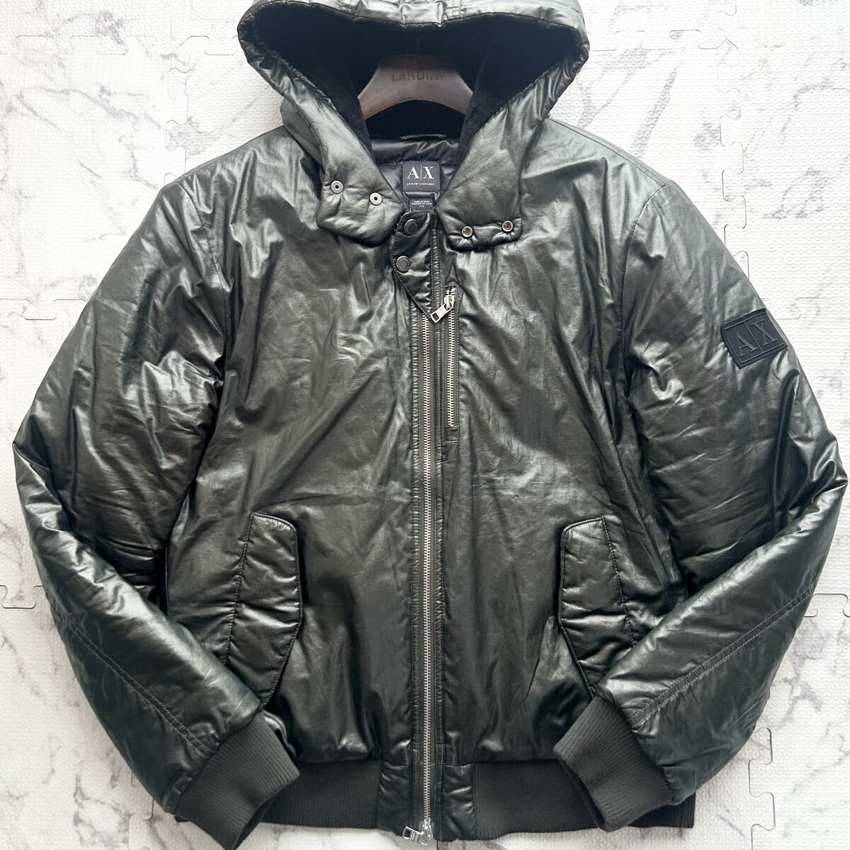 美品/L相当●ARMANI EXCHANGE アルマーニ エクスチェンジ 中綿ジャケット ナイロン ジップ アウター ロゴ 玉蟲色 カーキ メンズ_画像2