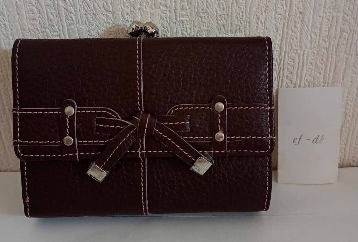 【ef-de】未使用 エフデ 牛革 三つ折り財布 財布 茶色 焦茶 がま口 リボン_画像1