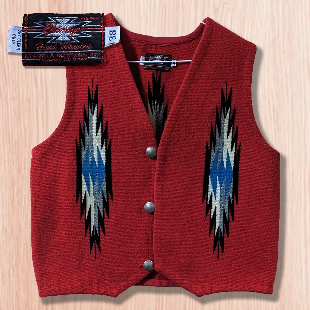 チマヨベスト センチネラ製 サイズ38 オルテガ ウール 民族 ラグ インディアン メキシコ 手織り トルフィリオス 赤 コンチョボタン_画像1