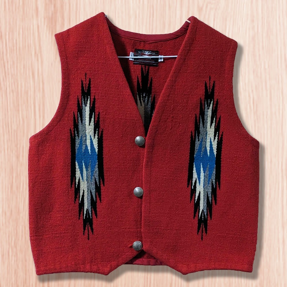 チマヨベスト センチネラ製 サイズ38 オルテガ ウール 民族 ラグ インディアン メキシコ 手織り トルフィリオス 赤 コンチョボタン_画像2