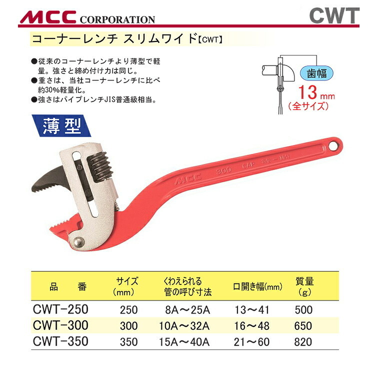 数量限定 〈MCC〉コーナーレンチ　スリムワイド　CWT-250　JAN：4989065108646_画像2