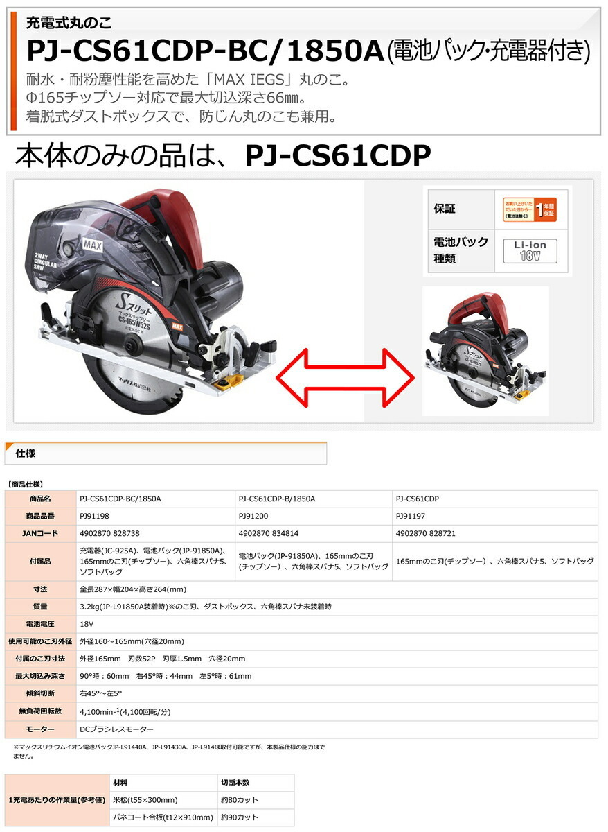 【オススメ】マックス 充電丸ノコ PJ-CS61CDP(本体のみ) JAN:4902870828721_画像2