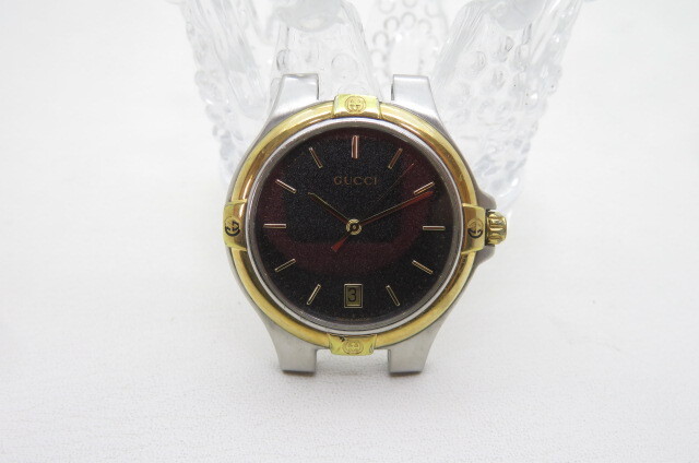 1円～【動品】GUCCI グッチ 9040M GG メンズ クオーツ 腕時計 ラウンドフェイス グレー文字盤 デイト コンビネーション ベルト切れ 10-11-3_画像1