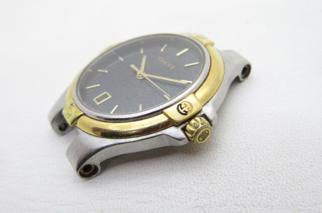 1円～【動品】GUCCI グッチ 9040M GG メンズ クオーツ 腕時計 ラウンドフェイス グレー文字盤 デイト コンビネーション ベルト切れ 10-11-3_画像4