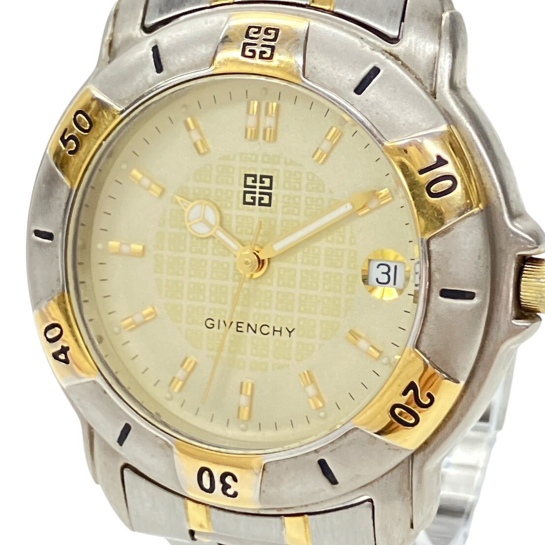 Y064-H35-329◎ GIVENCHY ジバンシイ メンズ腕時計 LIFE ライフ LT.19.XVI QUARTZ 回転ベゼル デイト ラウンド ゴールド文字盤 KA_画像1