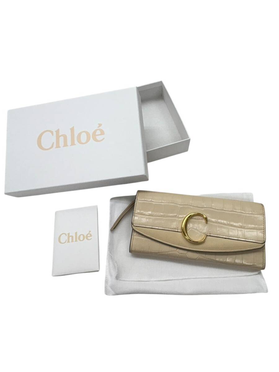 X305-O66-766 Chloe クロエ 財布 長財布 クロエC クロコ型押し ベージュ P055A87N-24Q 02-20-60-65 レザー レディース 箱付き KA_画像1
