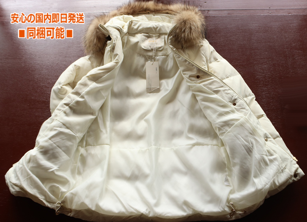 新品■1着限定 EXUNI*レディース 可愛い 白 オフホワイト L 両サイド coralポケット フード ダウンコート 90％ リアル ボリュームファー_画像6