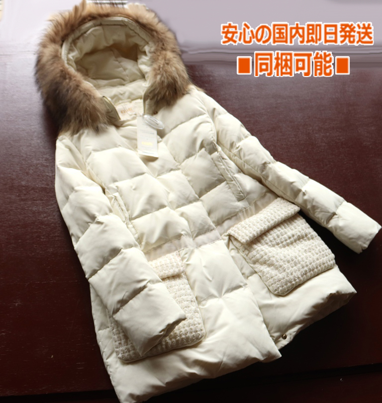 新品■1着限定 EXUNI*レディース 可愛い 白 オフホワイト L 両サイド coralポケット フード ダウンコート 90％ リアル ボリュームファー_画像1