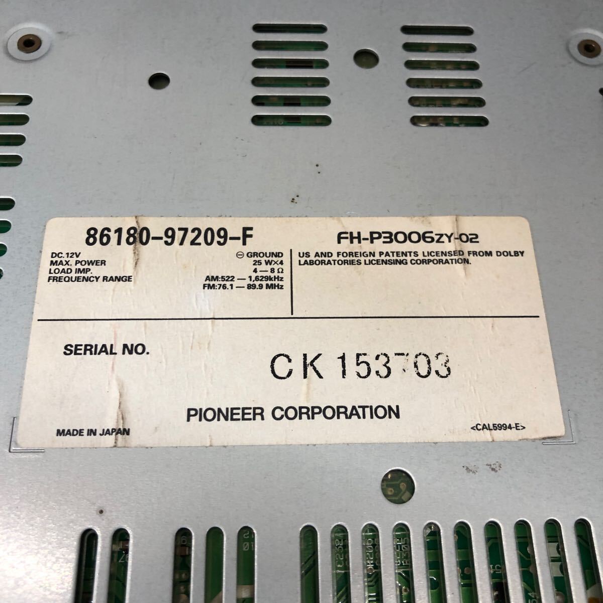 AV10-209 激安 カーステレオ DAIHATSU Carrozzeria Pioneer 86180-97209-F FH-P3006ZY-02 CD MD プレーヤー 簡易動作確認済み 中古現状品_画像6