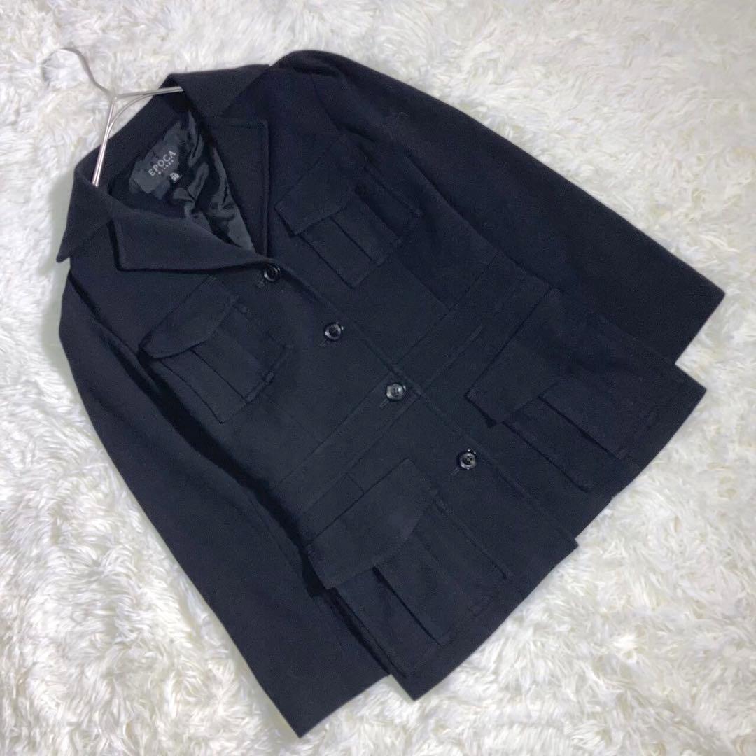 日本製 『エポカ』 (38) シングルピーコート フラップポケット ウール混 黒_画像1