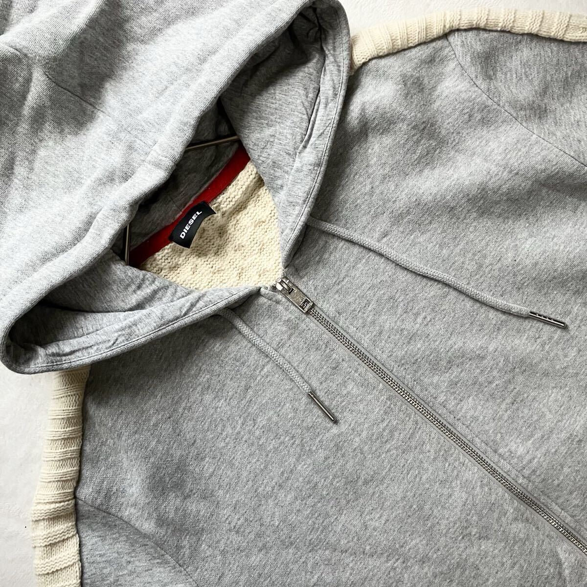 美品/希少XL!!◎DIESEL ディーゼル ドッキング ジップアップパーカー ケーブルニット スウェット ジャケット 異素材切替 フーディ メンズ_画像5