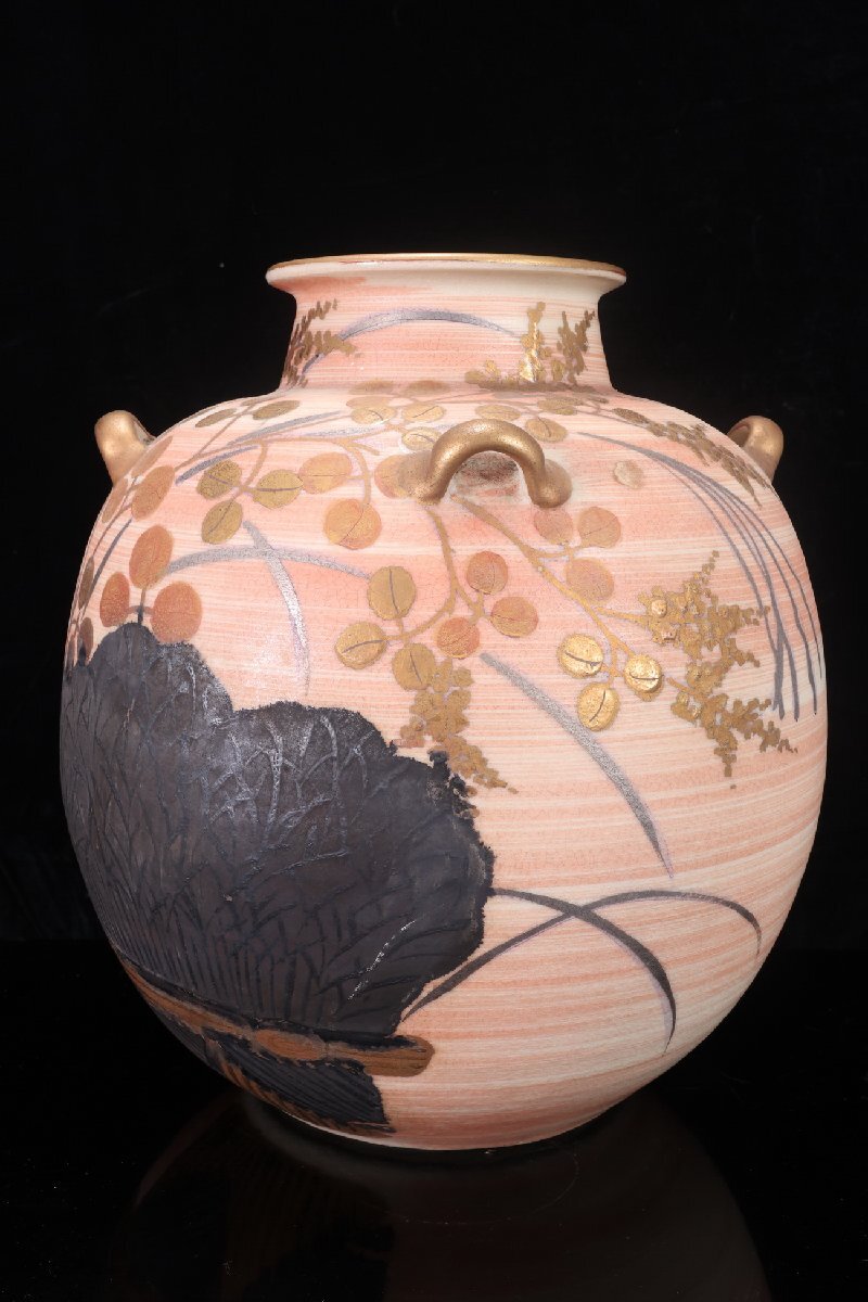 [ редкий товар .]1 иен из P87-V01 Kyoyaki Shimizu . глициния flat правильный документ произведение Zaimei золотая краска фарфор somenishiki высота 31cm 4 уголок ваза орнамент . ваза для цветов цветок живые цветы входить украшение антиквариат товар старый изобразительное искусство времена 